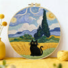 Starry Night Black Cat Embroidery Kit – Van Gogh Inspired DIY Hand Embroidery Hoop Art Set