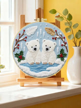 Handmade Polar Bear Cub Embroidery Hoop Wall Art – Winter Nursery Animal Fiber Decor