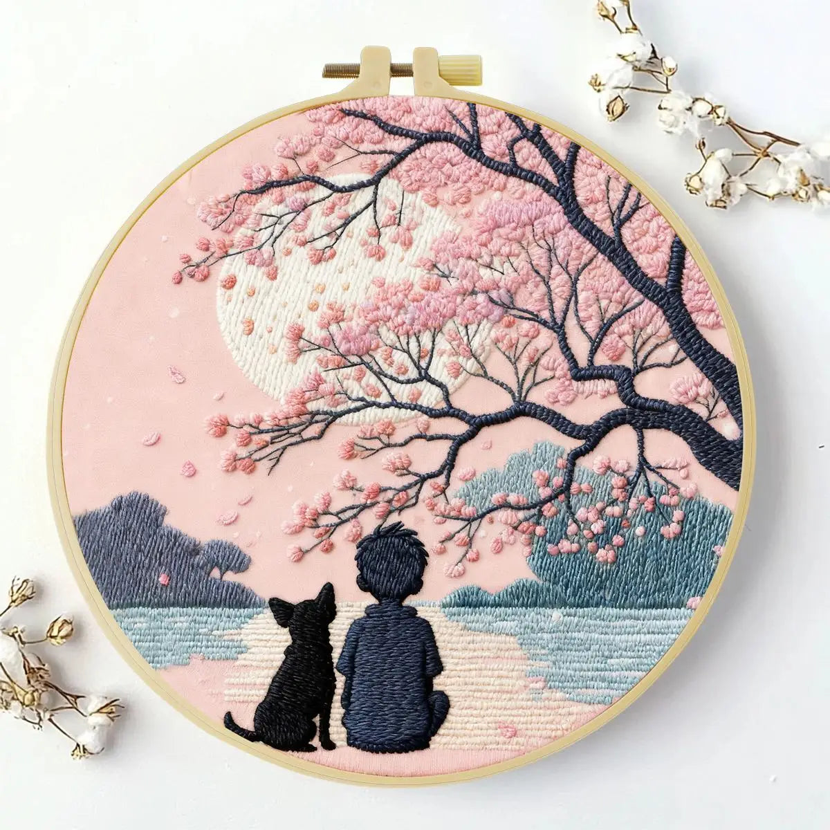 Cherry Blossom Moonlight Embroidery Kit – Peaceful Boy & Dog DIY Hand Embroidery Hoop Art Set