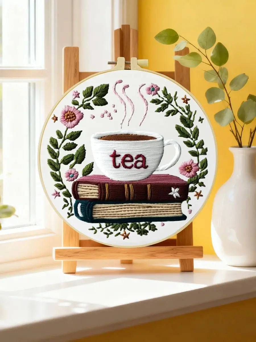 Handmade Tea Lover Embroidery Hoop Wall Art – Floral Book Stack Kitchen Decor