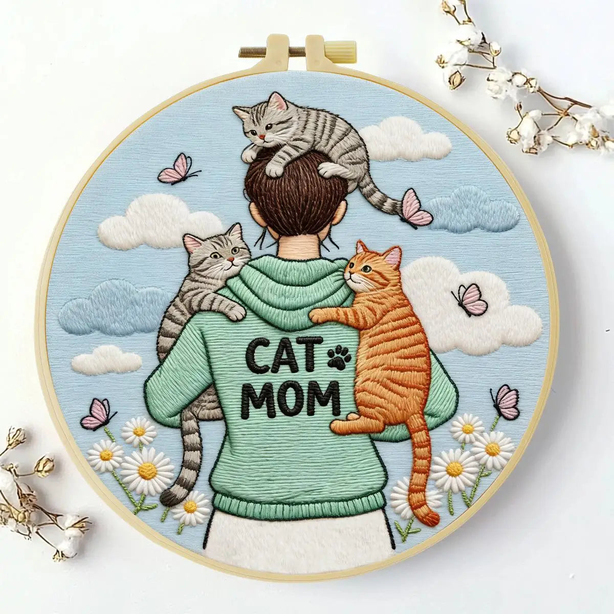 Cat Mom Punch Needle Wall Art – Handmade Embroidery Hoop Decor for Nursery & Cozy Rooms