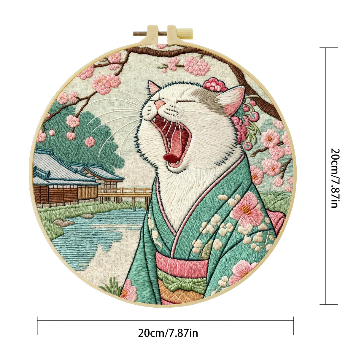 Japanese Kimono Cat Embroidery Kit – Cute Yawning Cat in Sakura Garden Needlepoint Pattern for Cat Lovers & Asian Decor