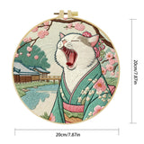 Japanese Kimono Cat Embroidery Kit – Cute Yawning Cat in Sakura Garden Needlepoint Pattern for Cat Lovers & Asian Decor