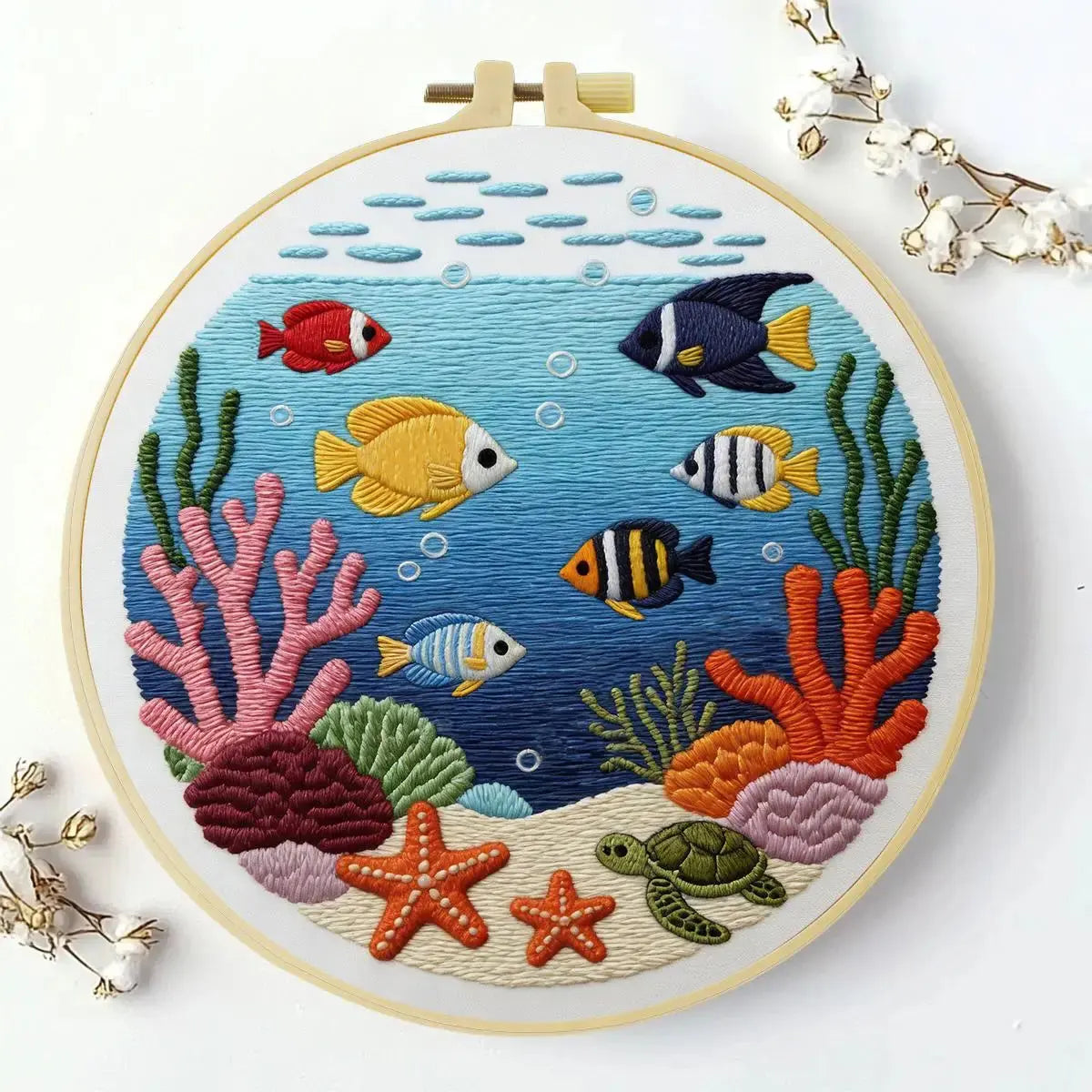 Ocean Life Embroidery Kit – Tropical Fish & Sea Turtle DIY Hand Embroidery Hoop Art Set Kits For Stitchers