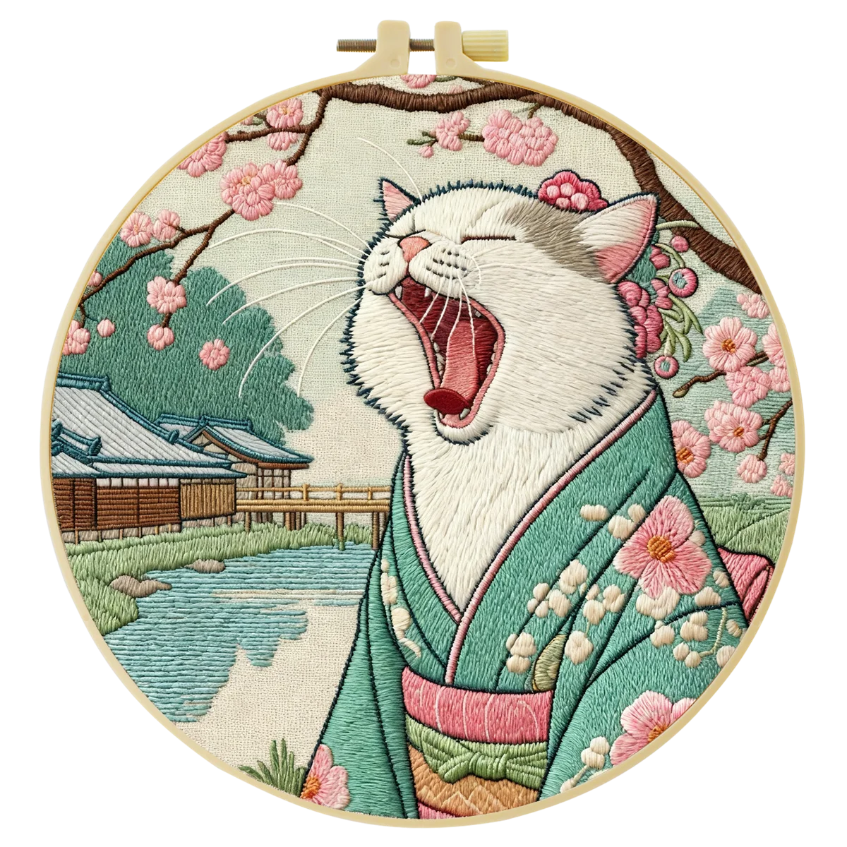 Japanese Kimono Cat Embroidery Kit – Cute Yawning Cat in Sakura Garden Needlepoint Pattern for Cat Lovers & Asian Decor