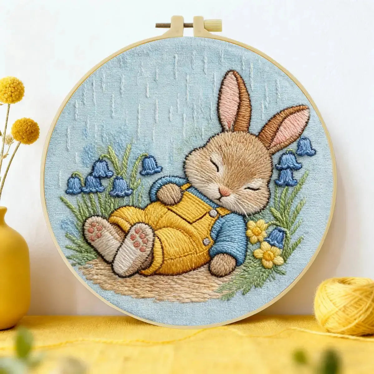 Sleeping Bunny Embroidery Kit – Cozy Rainy Day Rabbit DIY Hand Embroidery Set 🐰🌧️💛 Kits For Stitchers
