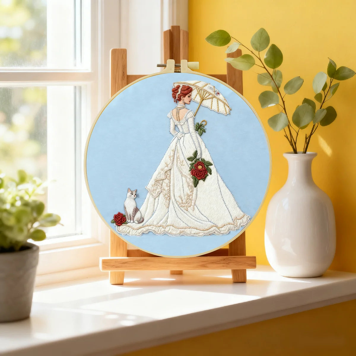 Victorian Lady Embroidery Kit – Elegant Woman with Parasol & Cat Needlepoint Pattern in Romantic Vintage Style