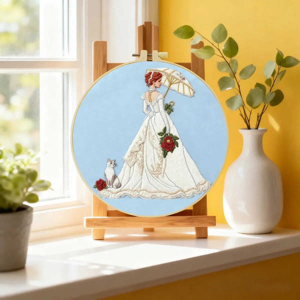 Victorian Lady Embroidery Kit – Elegant Woman with Parasol & Cat Needlepoint Pattern in Romantic Vintage Style Kits For Stitchers