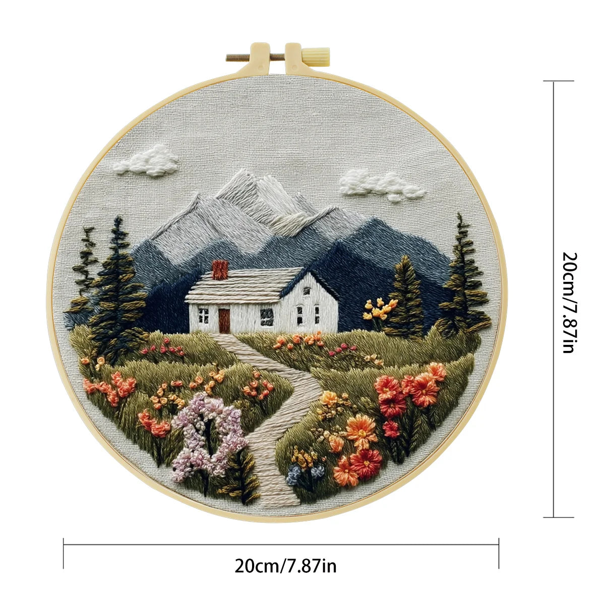 Mountain Cottage Embroidery Kit for Adults – Cozy Cabin Landscape with Wildflowers DIY Hand Embroidery Hoop Art Decor Gift
