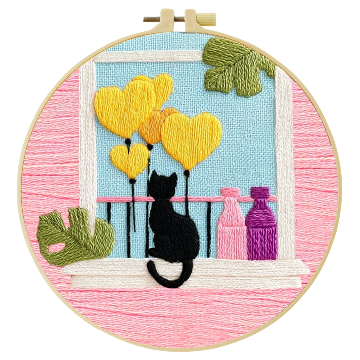 Black Cat & Heart Balloons Window Embroidery DIY Kit – Cute Home Decor Hand Stitching Craft with Hoop & Threads