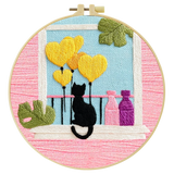 Black Cat & Heart Balloons Window Embroidery DIY Kit – Cute Home Decor Hand Stitching Craft with Hoop & Threads
