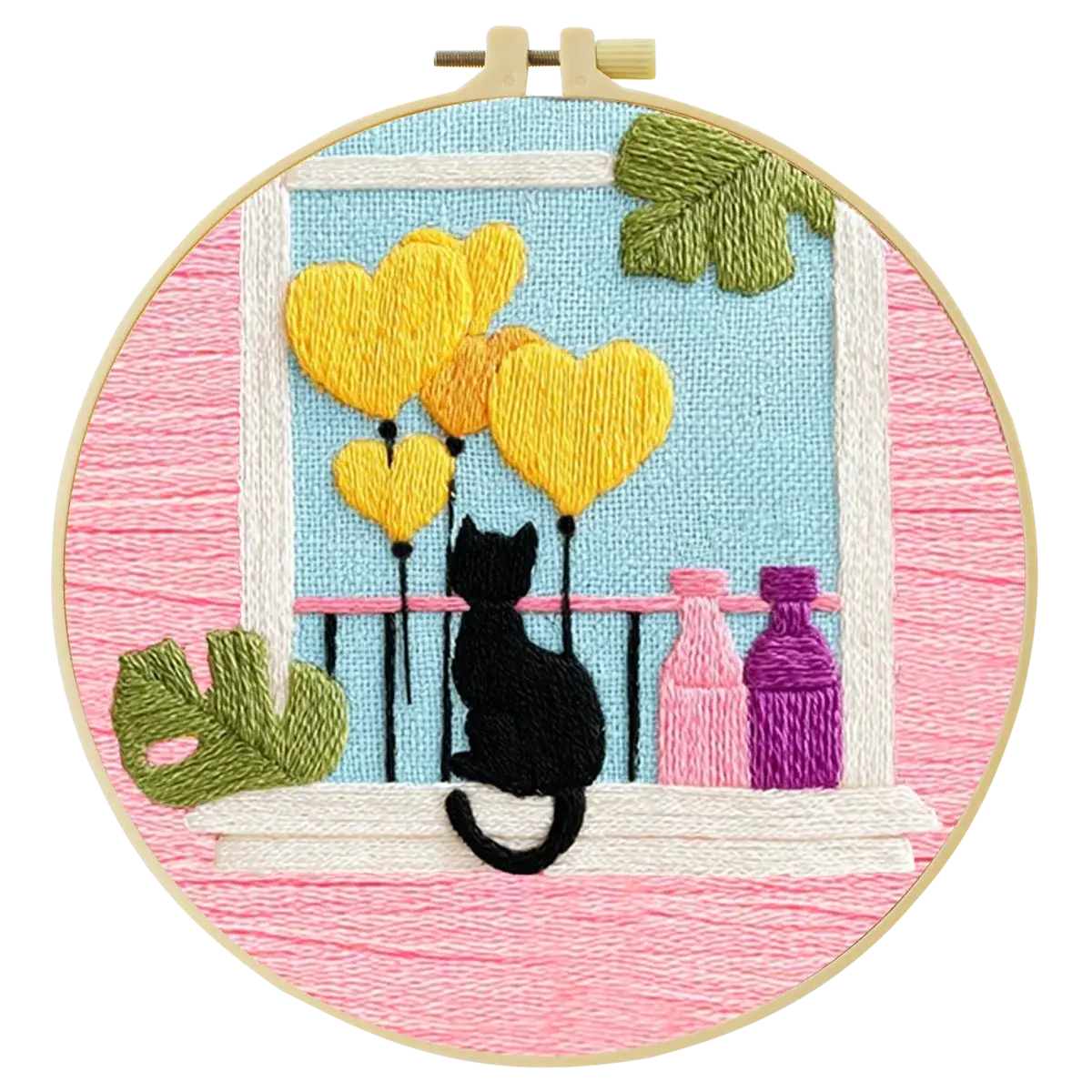 Black Cat & Heart Balloons Window Embroidery DIY Kit – Cute Home Decor Hand Stitching Craft with Hoop & Threads The Stichers Heavane