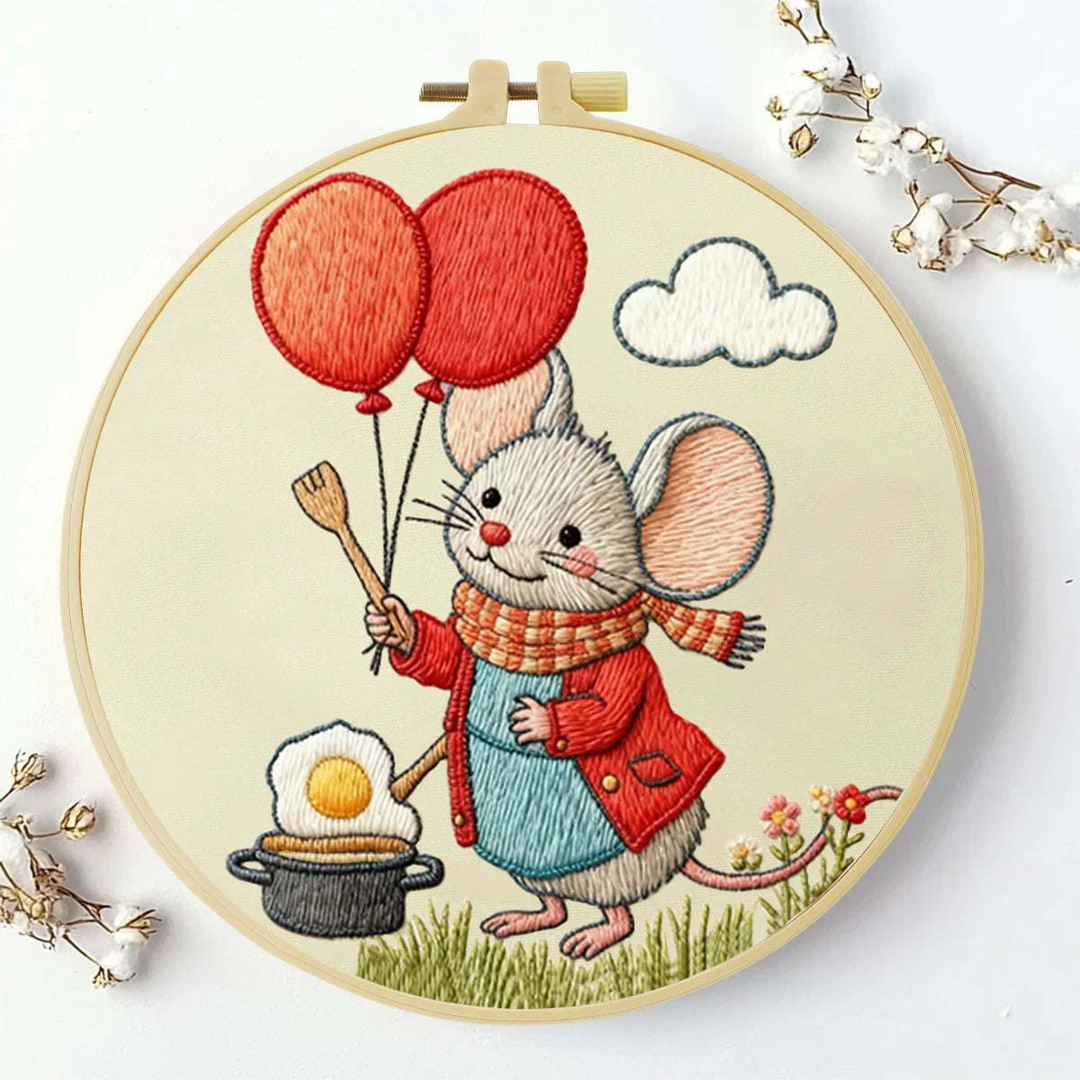 Cute Mouse with Balloons Embroidery Starter Kit DIY – Beginner Cartoon Animal Hand Embroidery Kit