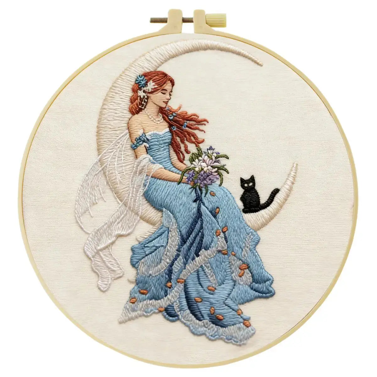 Moonlit Fairy Embroidery Kit – Enchanted Cat & Crescent Moon DIY Hand Embroidery Hoop Art Set Kits For Stitchers