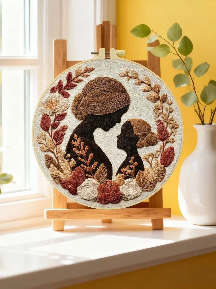 Mother & Daughter Silhouette Embroidery Kit – Elegant Floral Family Needlepoint Pattern with Warm Neutral Earth Tones