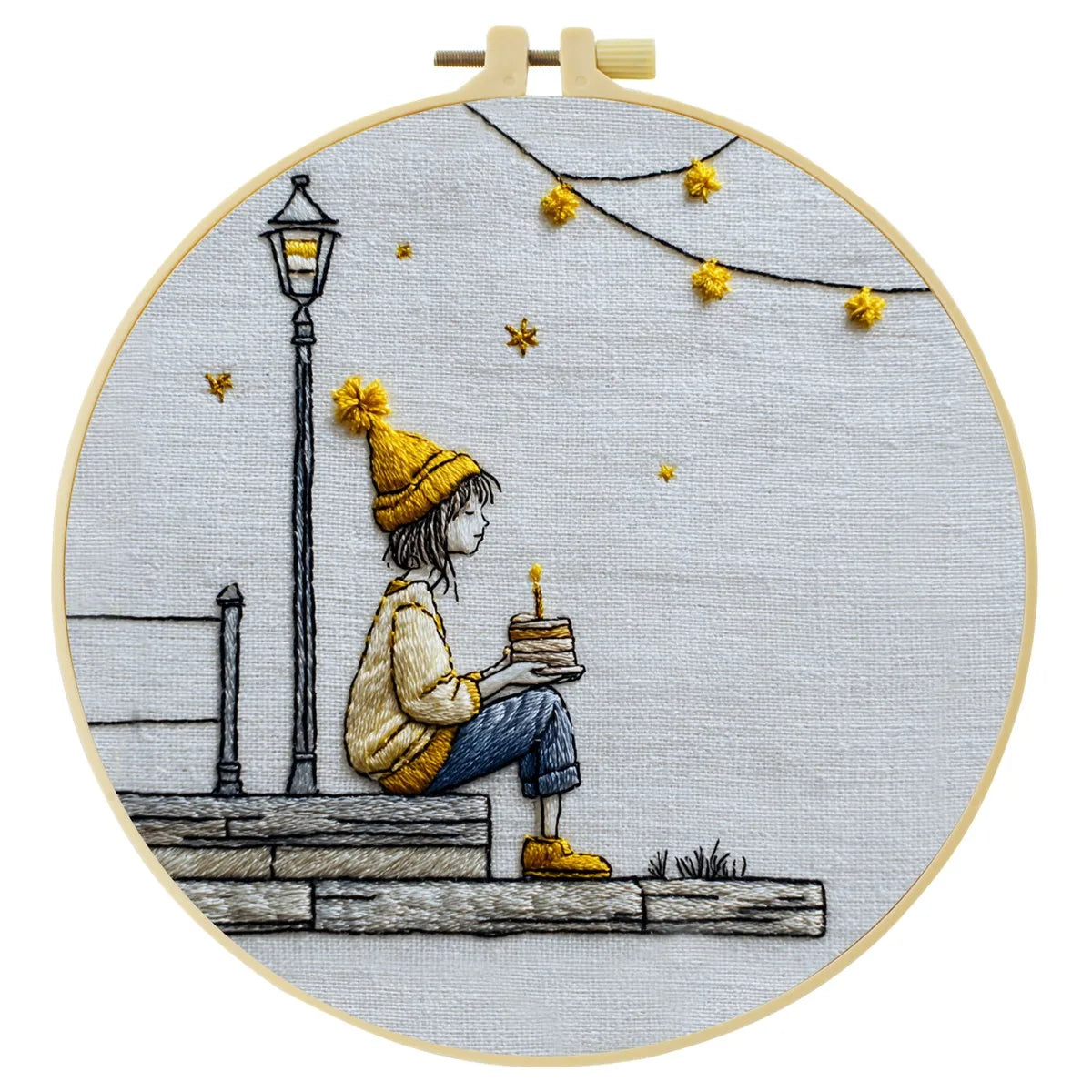 Cozy Birthday Girl Embroidery Kit – Whimsical Candle Cake Needlepoint Pattern with Fairy Lights & Minimalist Aesthetic