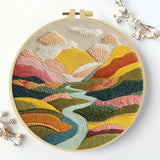 Colorful Mountain Landscape Embroidery Kit – Modern Sunset Valley DIY Hand Stitch Art with Hoop & Threads 🌄🧵