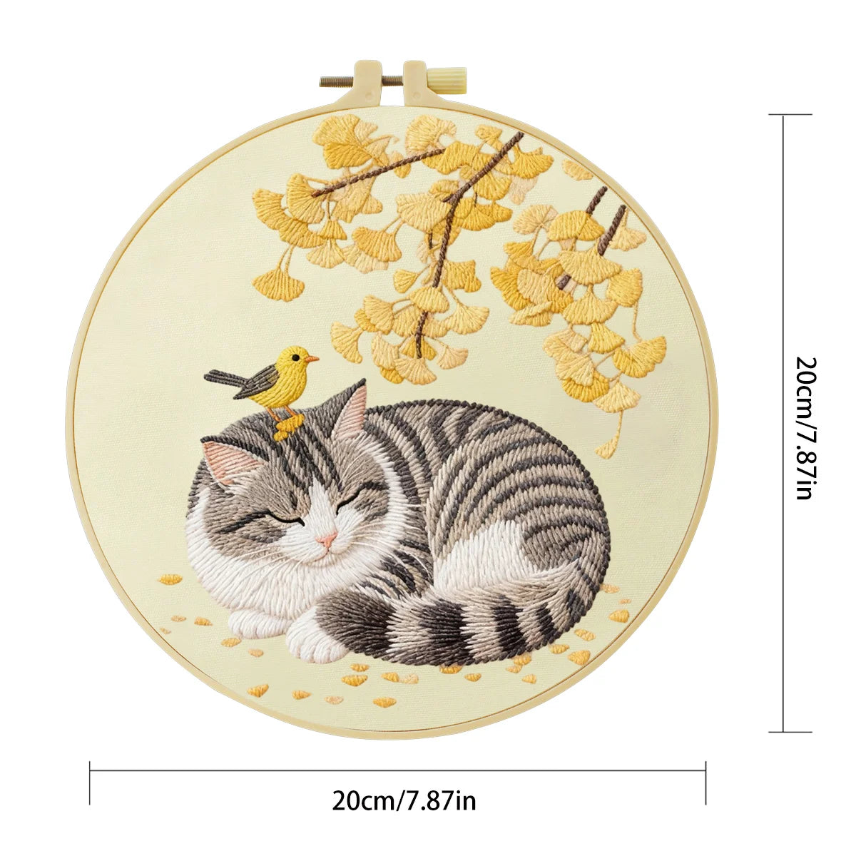 Sleeping Cat with Bird Embroidery Starter Kit – DIY Cute Animal Sewing Art Set for Beginne