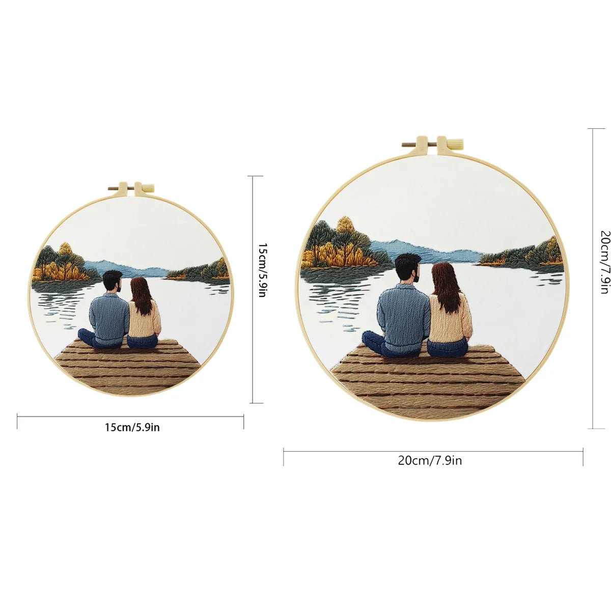 Romantic Lake Couple Embroidery Kit – Cozy Dock Scene Needlepoint Pattern with Peaceful Nature & Minimalist Love Art