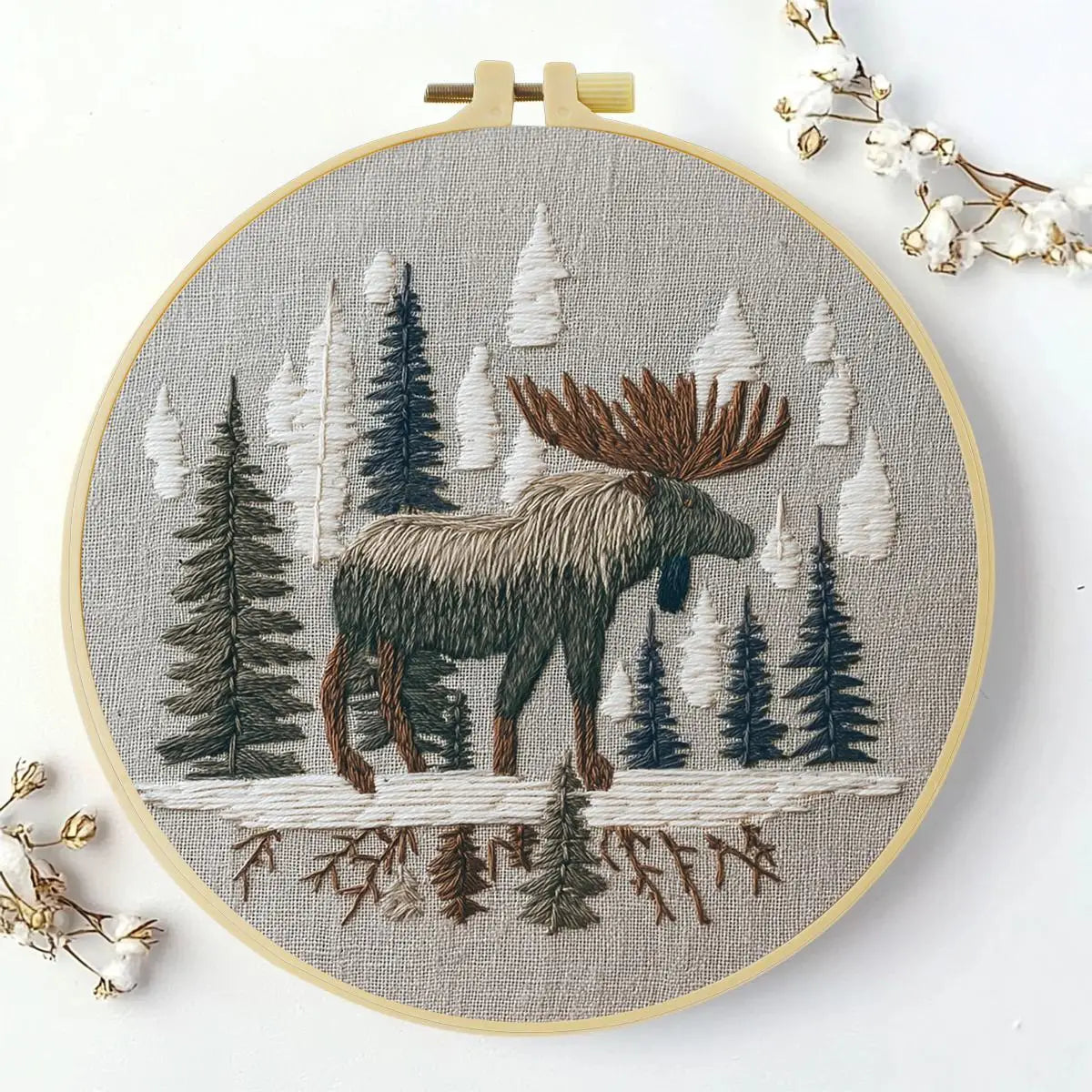 Woodland Moose Embroidery Kit – Rustic Forest DIY Hand Embroidery Hoop Art Set