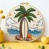Surfboard Beach Punch Needle Wall Art – Handmade Embroidery Hoop Decor for Nursery & Cozy Rooms
