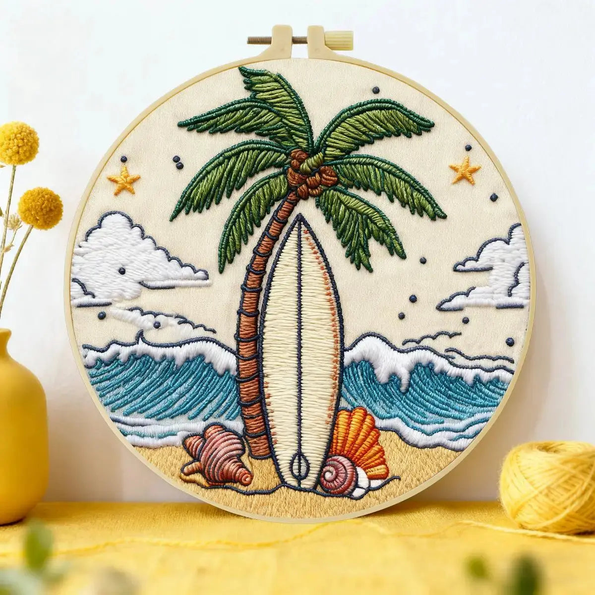 Surfboard Beach Punch Needle Wall Art – Handmade Embroidery Hoop Decor for Nursery & Cozy Rooms Kits For Stitchers