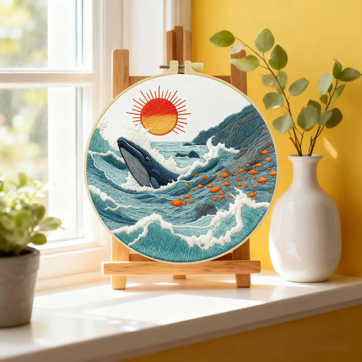 Ocean Whale Embroidery Kit – Coastal Sea Life DIY Hand Embroidery Hoop Art Set