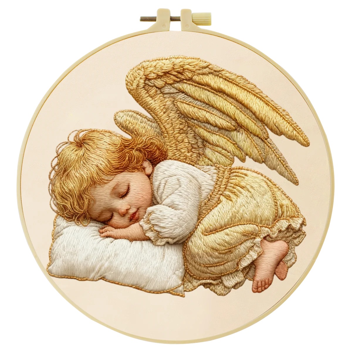 Handmade Sleeping Angel Embroidery Hoop Wall Art – Baby Cherub Nursery Fiber Decor