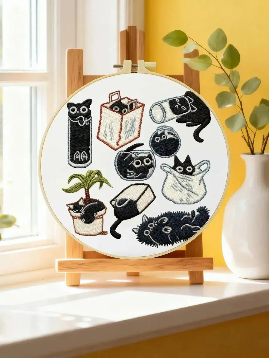Black Cat Embroidery DIY Kit – Cute Cartoon Beginner Stitching Kit with Hoop, Pattern & Threads The Stichers Heavane