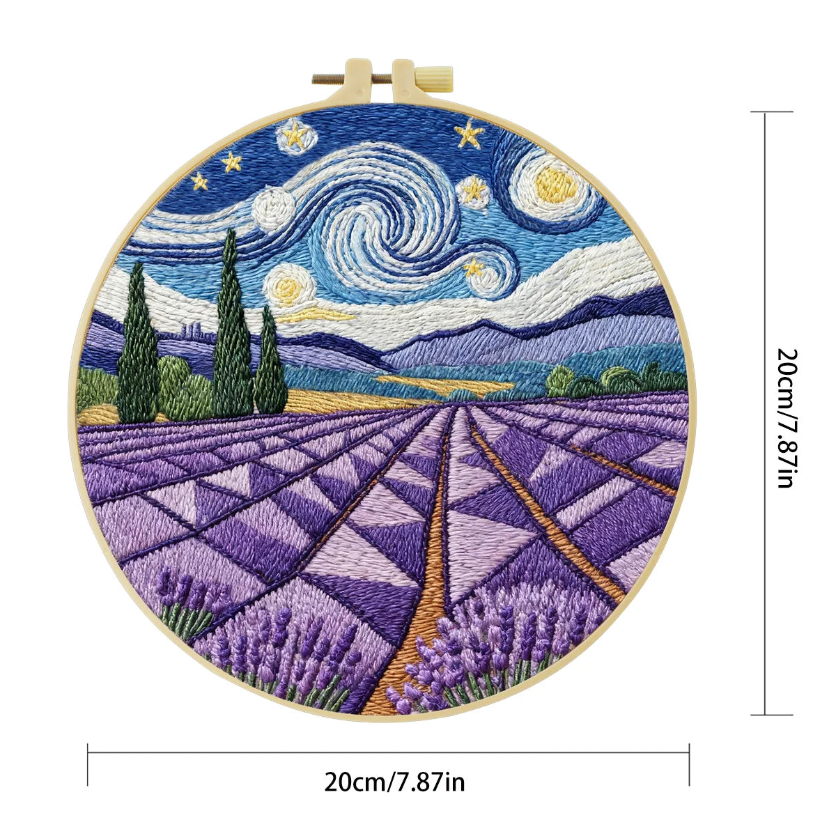 Handmade Lavender Field Embroidery Hoop Wall Art – Starry Night Inspired Landscape Decor