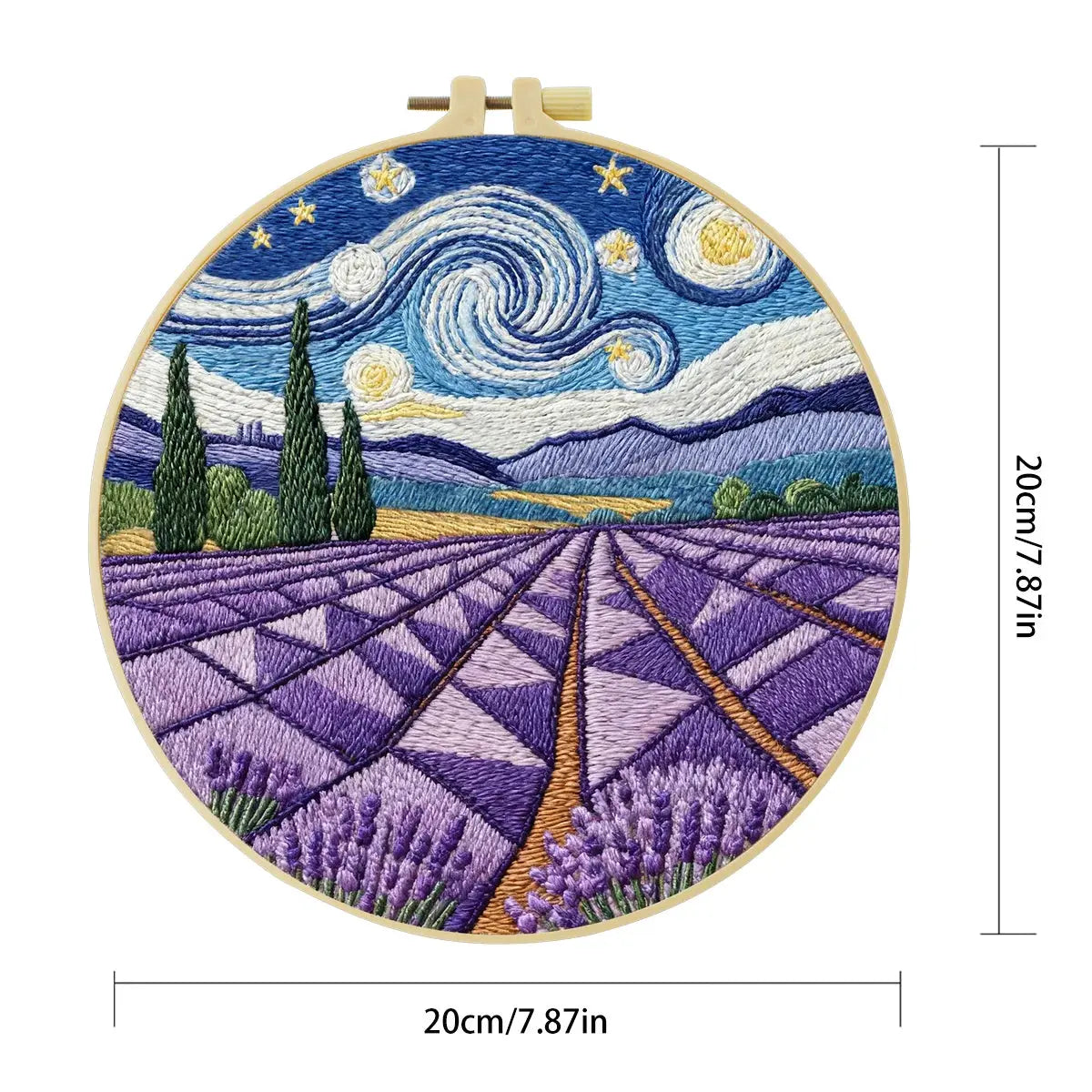 Handmade Lavender Field Embroidery Hoop Wall Art – Starry Night Inspired Landscape Decor Kits For Stitchers