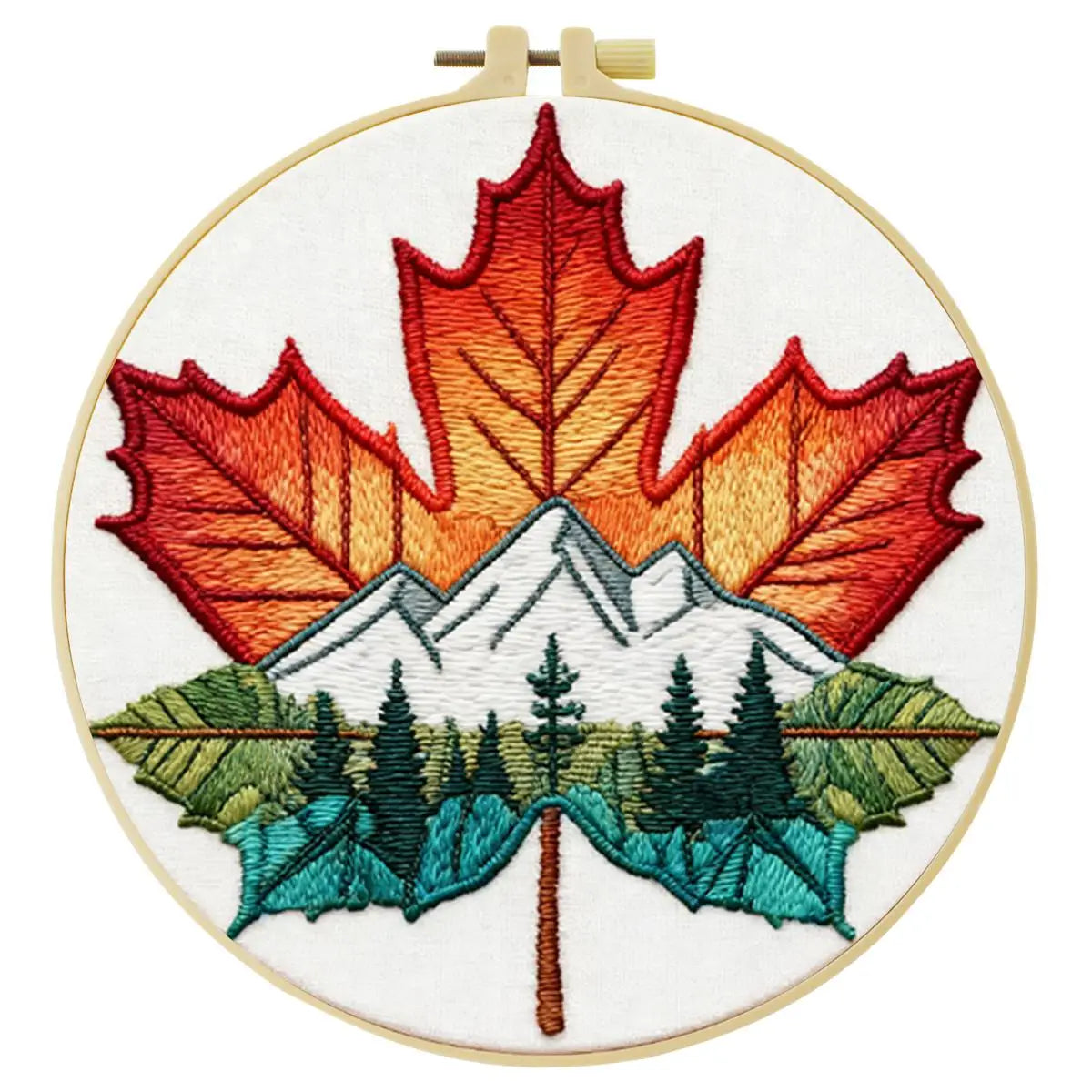 Maple Leaf Mountain Embroidery Kit – Nature Landscape DIY Hand Embroidery Hoop Art Set