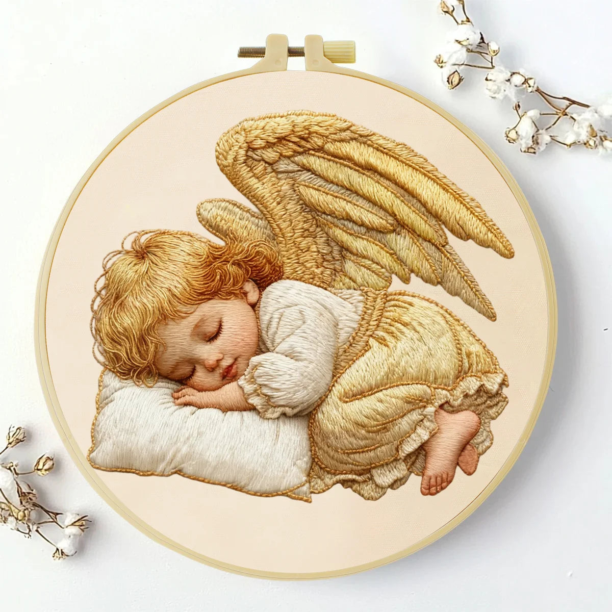 Handmade Sleeping Angel Embroidery Hoop Wall Art – Baby Cherub Nursery Fiber Decor