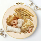 Handmade Sleeping Angel Embroidery Hoop Wall Art – Baby Cherub Nursery Fiber Decor