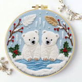 Handmade Polar Bear Cub Embroidery Hoop Wall Art – Winter Nursery Animal Fiber Decor