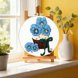 Blue Flower Cupcake Embroidery DIY Kit – Cute Floral Beginner Stitching Kit with Hoop, Pattern & Threads