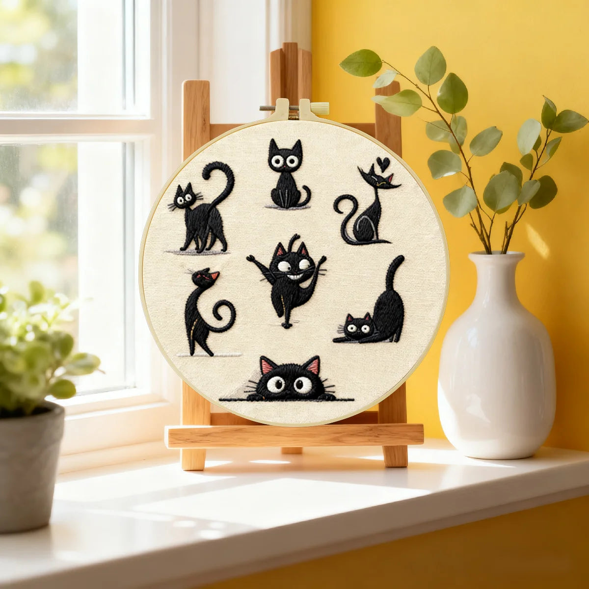 Cute Black Cat Collection Embroidery Starter Kit DIY – Beginner Cartoon Animal Hand Embroidery Kit