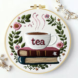 Handmade Tea Lover Embroidery Hoop Wall Art – Floral Book Stack Kitchen Decor
