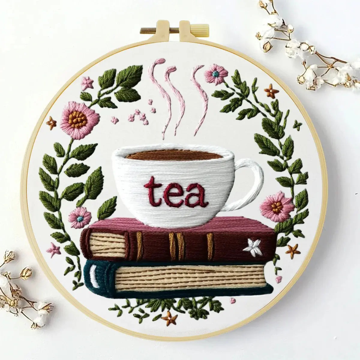 Handmade Tea Lover Embroidery Hoop Wall Art – Floral Book Stack Kitchen Decor Kits For Stitchers