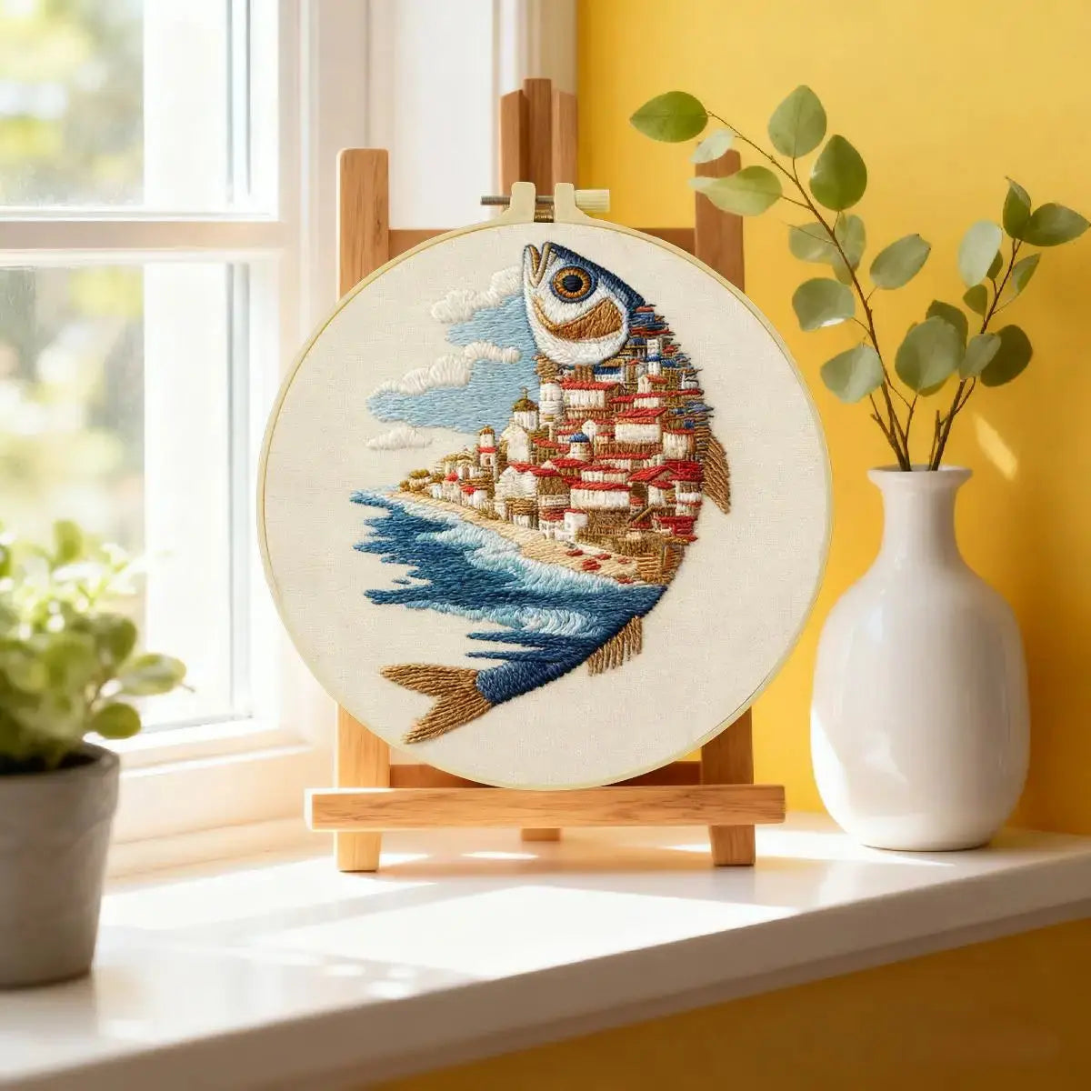 Coastal Village Fish Embroidery Kit Kits For Stitchers