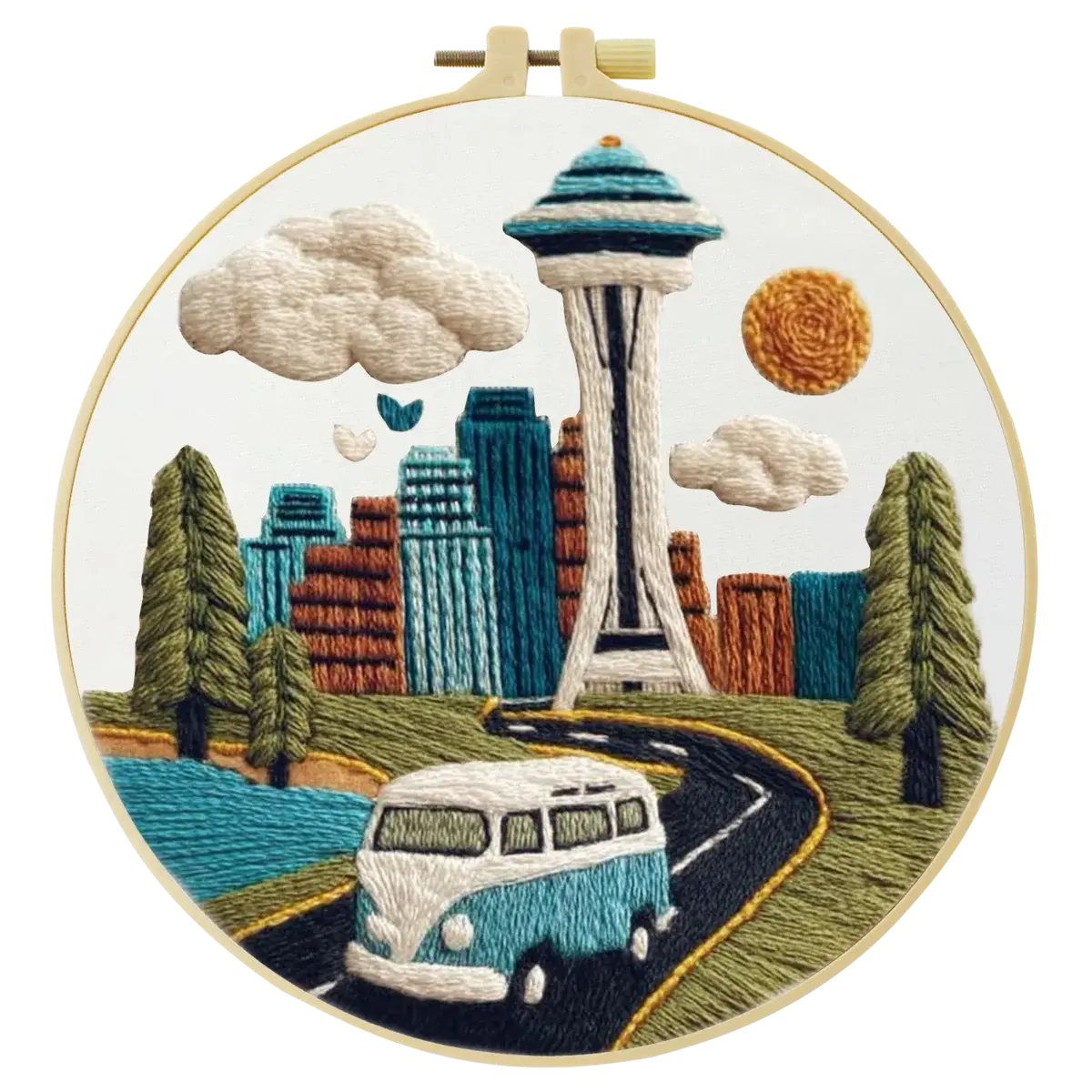 Seattle Skyline Embroidery Kit – Space Needle Cityscape DIY Hand Stitch Art with Hoop & Threads 🌲🧵🚐 The Stichers Heavane