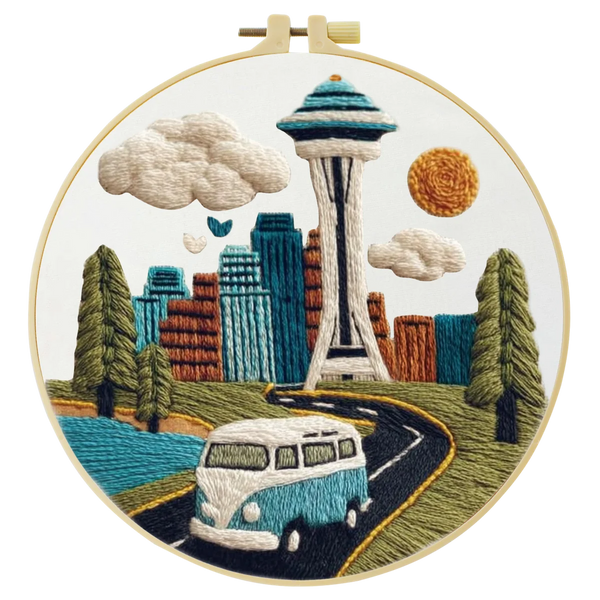 Seattle Skyline Embroidery Kit – Space Needle Cityscape DIY Hand Stitch Art with Hoop & Threads 🌲🧵🚐