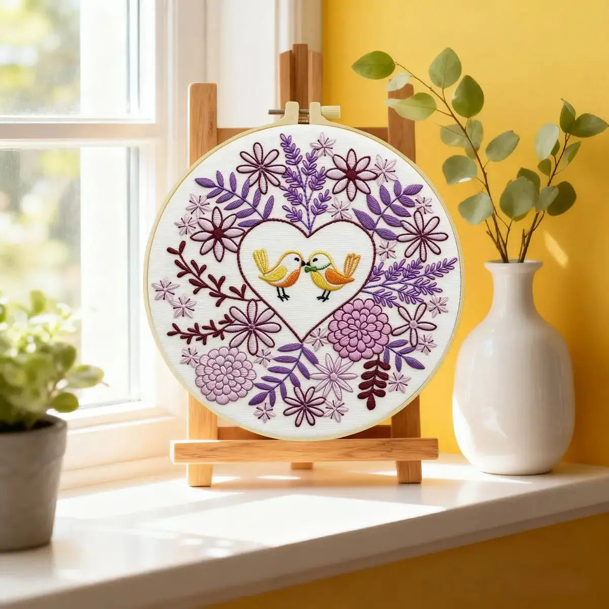 Lovebirds Heart Embroidery Kit – Romantic Floral DIY Hand Embroidery Hoop Art Set Kits For Stitchers