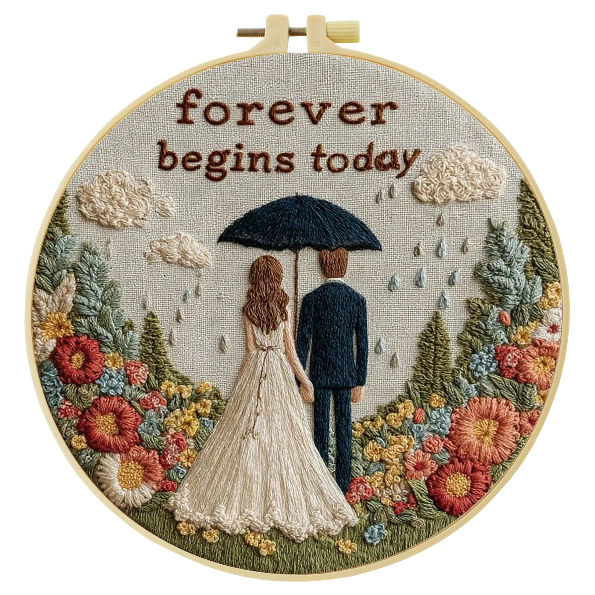 Forever Begins Today Embroidery Kit – Romantic Wedding Couple Needlepoint Pattern with Floral Garden & Love Quote Design