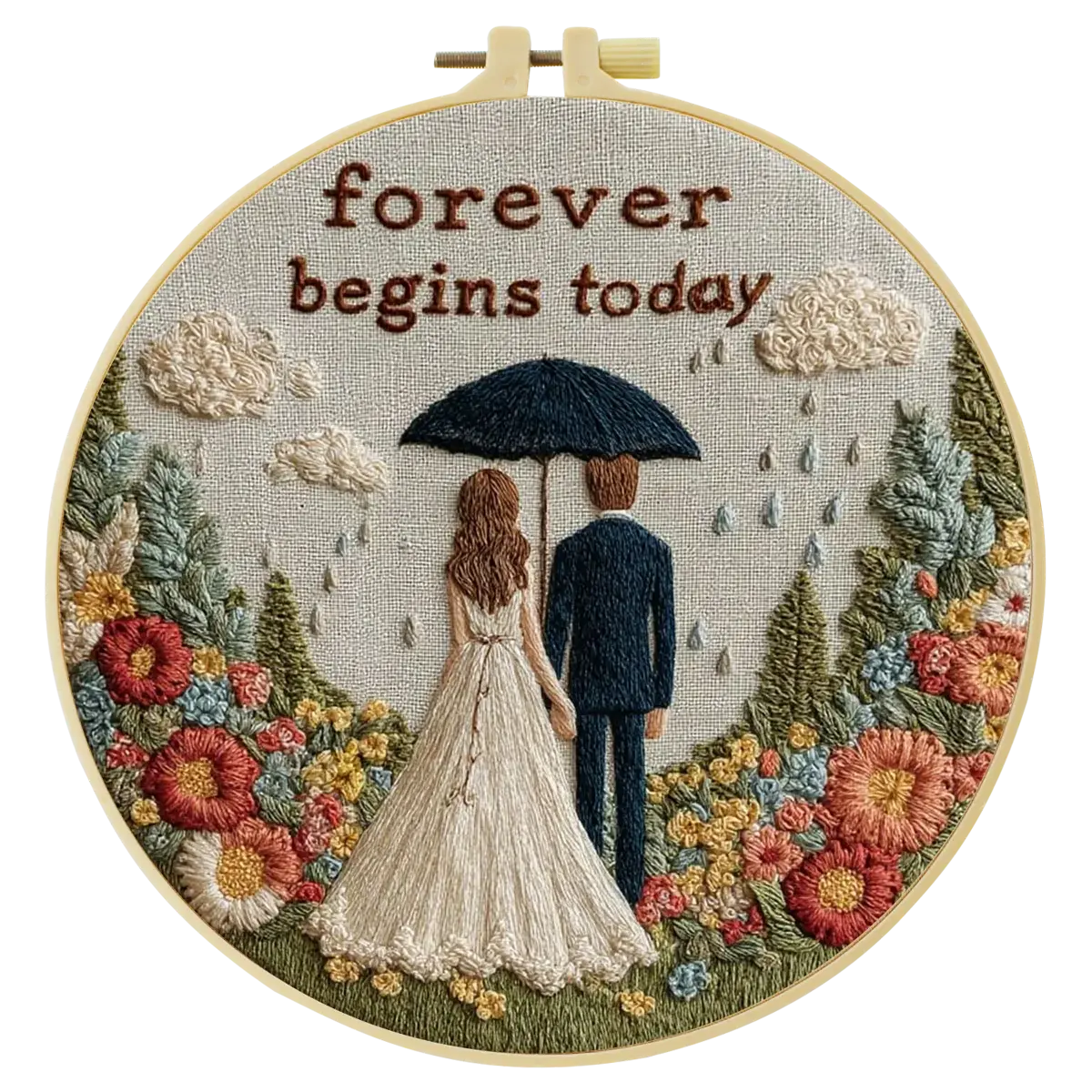Forever Begins Today Embroidery Kit – Romantic Wedding Couple Needlepoint Pattern with Floral Garden & Love Quote Design Kits For Stitchers