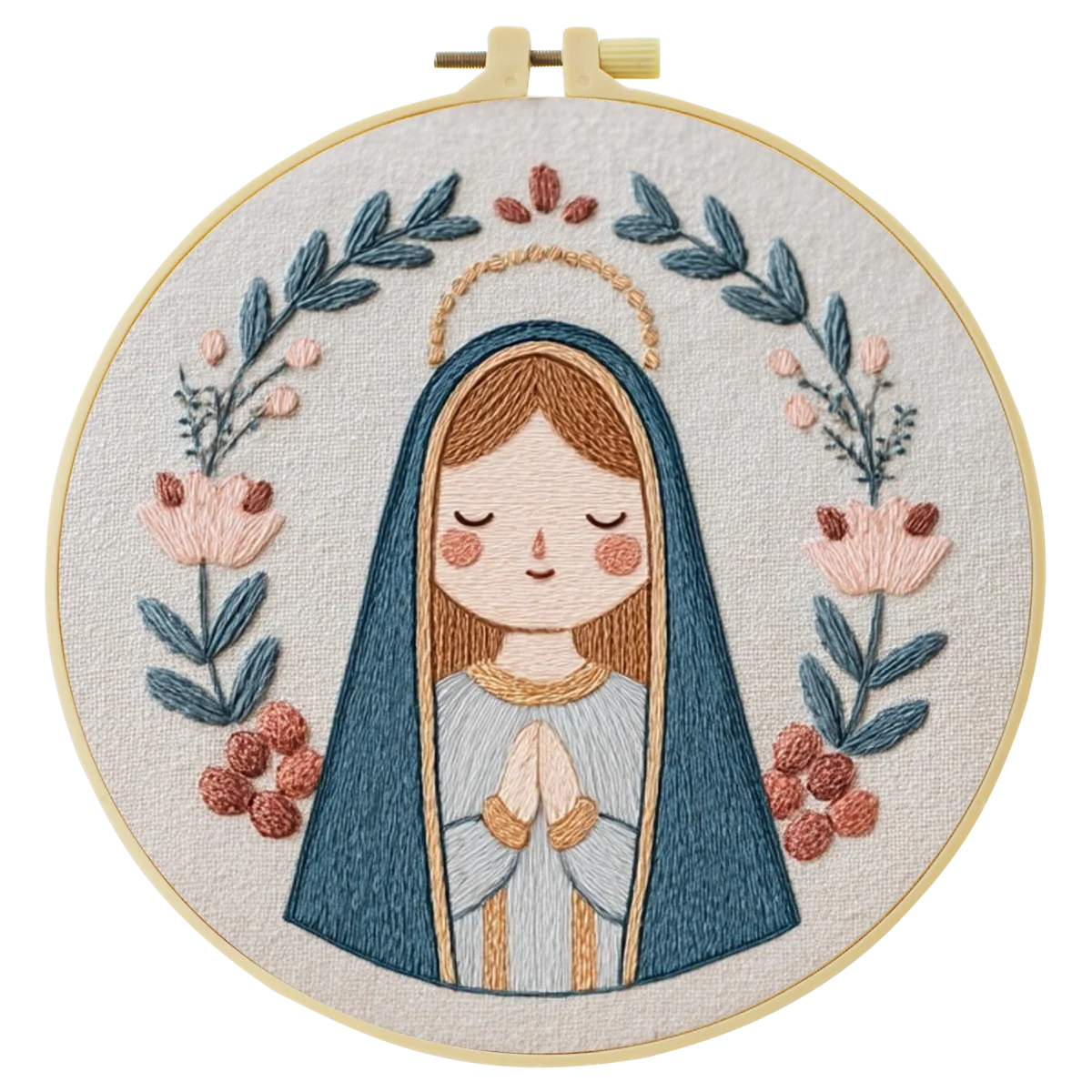 Cute Virgin Mary Embroidery Kit – Kawaii Catholic Needlepoint Pattern with Floral Religious Wall Art & Prayer Decor