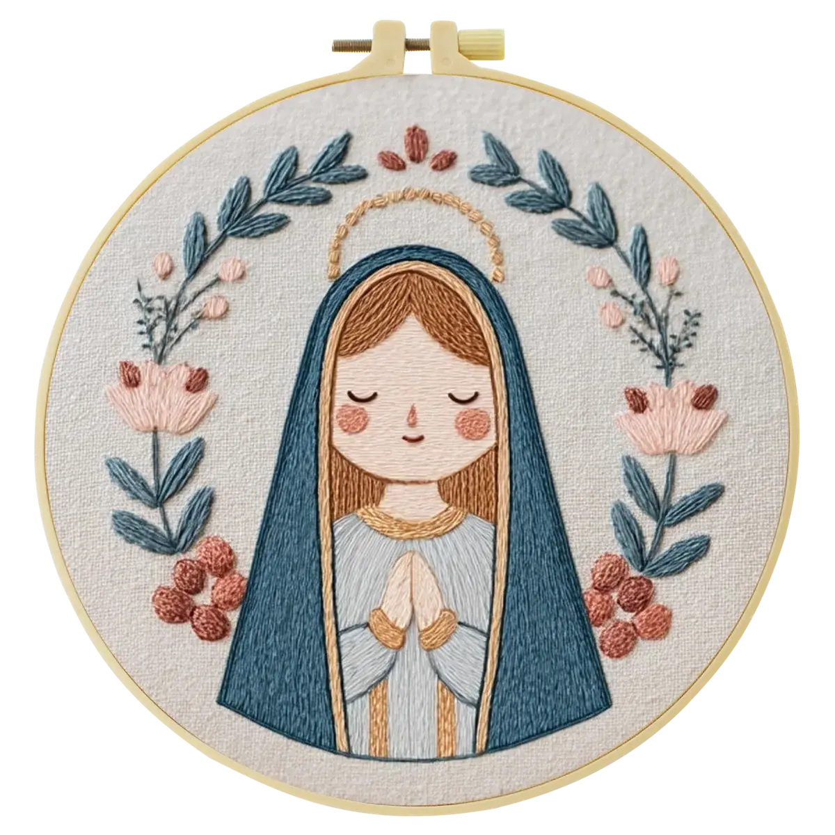 Cute Virgin Mary Embroidery Kit – Kawaii Catholic Needlepoint Pattern with Floral Religious Wall Art & Prayer Decor Kits For Stitchers