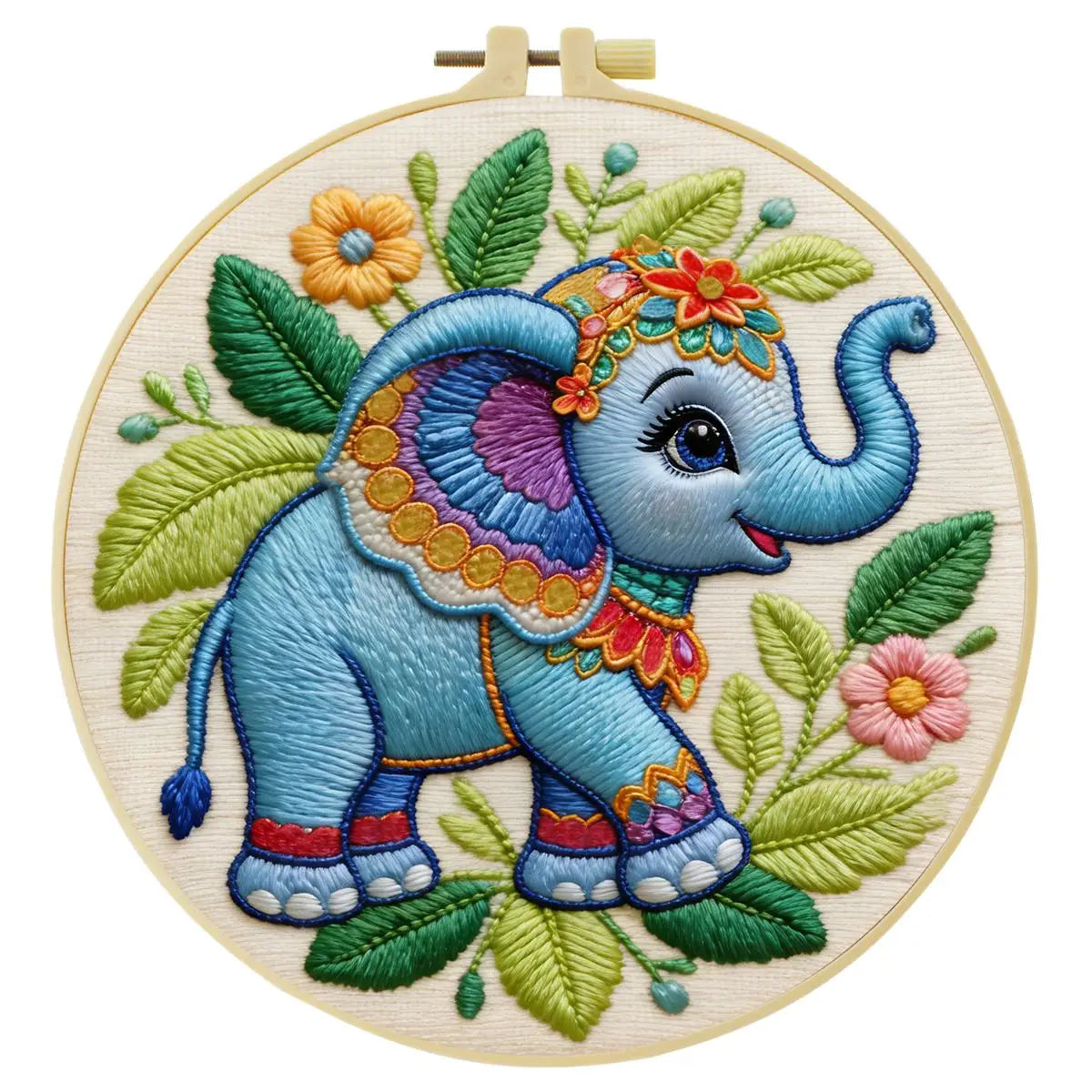 Cute Elephant Embroidery Kit – Colorful Baby Elephant Needlepoint Pattern with Floral Details for Nursery & Animal Lovers