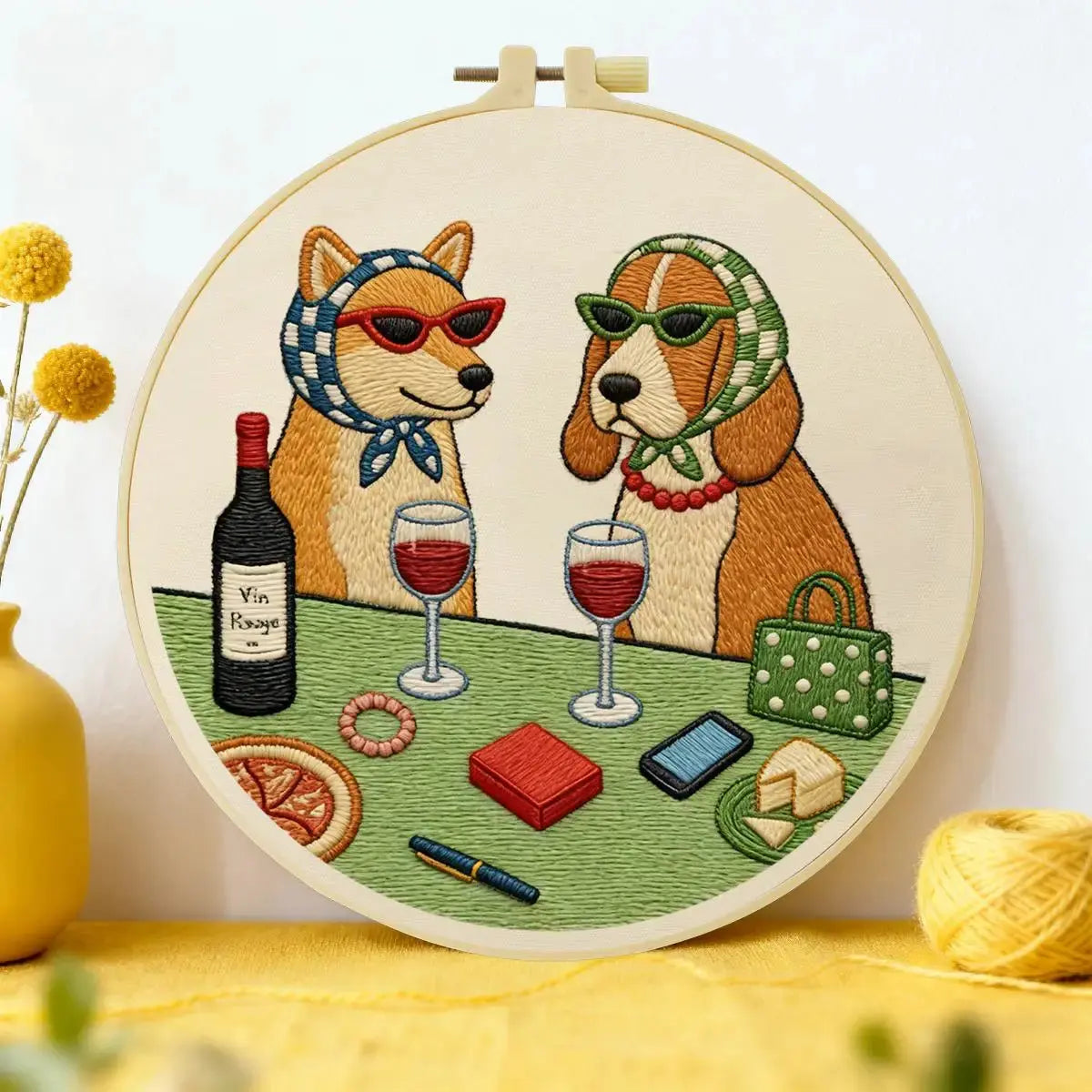 Wine & Whiskers Embroidery Kit – Stylish Dog Friends DIY Hand Embroidery Set 🍷🐶✨ Kits For Stitchers