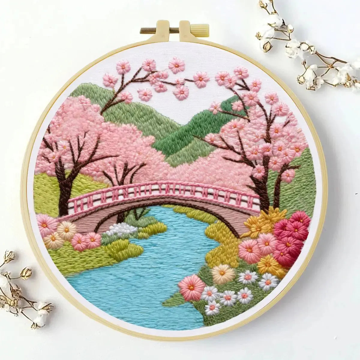 Cherry Blossom Bridge Embroidery Kit โ Japanese Spring Garden Landscape Design Kits For Stitchers